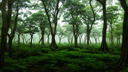 Beautiful forest in misty morning, 3d rendering. Computer digital drawing.の素材