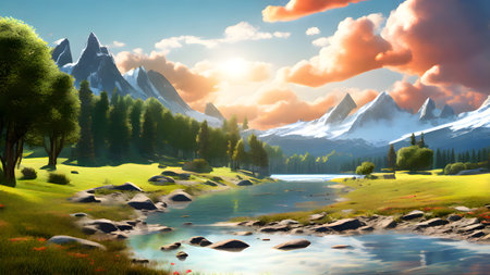 Beautiful fantasy landscape with mountains and lake. 3d render illustrationの素材