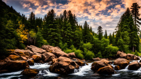 Mountain river in the forest at sunset. Beautiful nature landscape.の素材