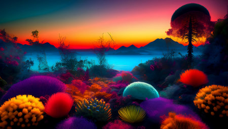 Computer generated image of sea landscape with colorful coral reef at sunset.の素材