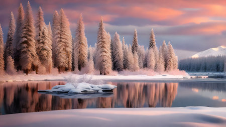 Beautiful winter landscape with frozen lake and coniferous forest.の素材