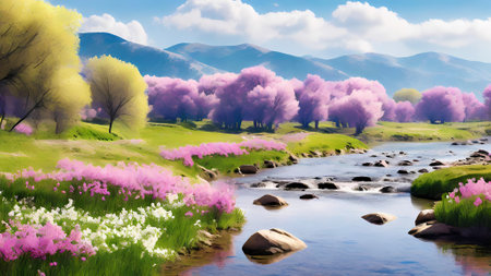 Beautiful spring landscape with blooming meadow and river. Digital painting.の素材