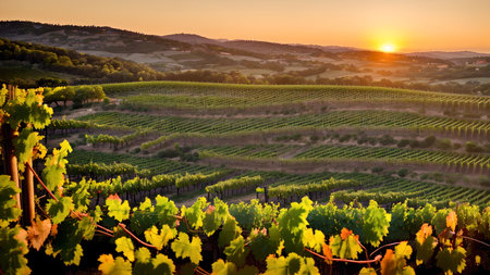 Sunset over vineyards in Chianti, Tuscany, Italyの素材
