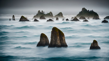 Fantastic foggy seascape. Dramatic overcast sky. Panoramic imageの素材