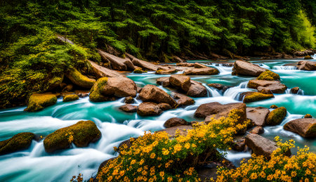 Mountain stream with yellow flowers in the forest. Long exposure.の素材