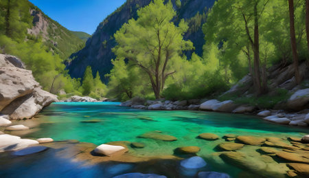 Beautiful mountain river with clear turquoise water and green forestの素材