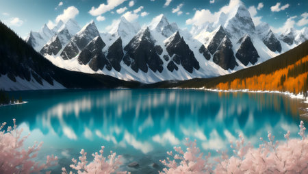 Panoramic view of turquoise alpine lake with snow-capped mountains in the background.の素材