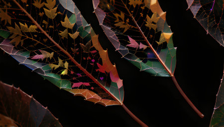 colorful autumn leaves on a black background, closeup of photoの素材