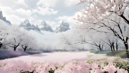 Spring landscape with cherry blossom trees and fog in the morning.の素材