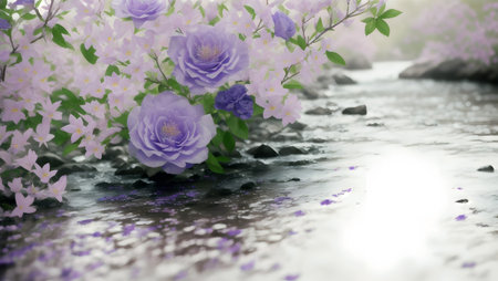 Beautiful purple rose flowers and green leaves with water reflection background.の素材