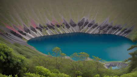 3D illustration of a volcanic crater with a lake in the middleの素材