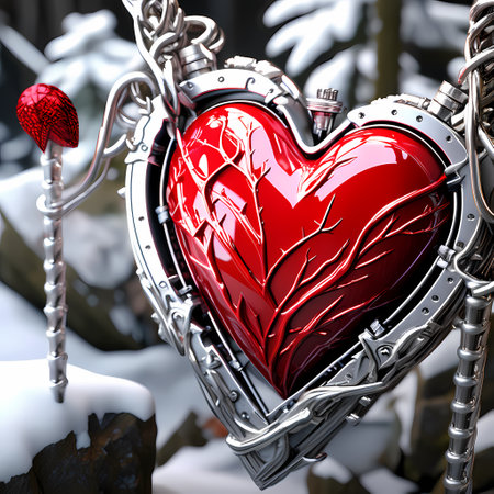 Red heart with chain on the background of a snowy forest. 3D illustration.の素材