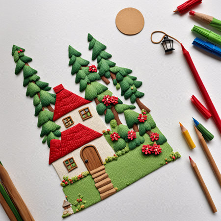 Christmas tree and house made of felt on a white background with pencilsの素材
