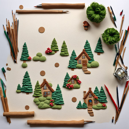 Christmas and New Year decoration. Handmade felt-tip pen, Christmas tree, wooden house, pencils, brushes on white paper.の素材