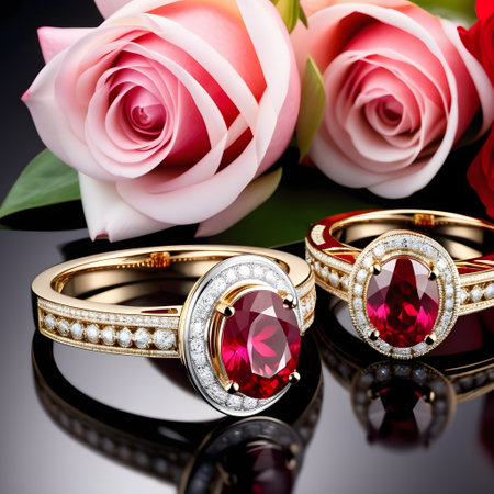 Wedding rings with precious stones and roses on a black backgroundの素材