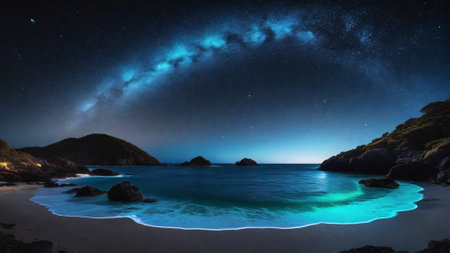 Milky Way over the sea. Long exposure photograph taken in Australiaの素材