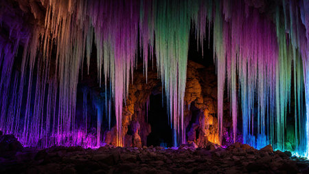 Colorful stalactites and stalagmites in a caveの素材