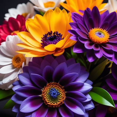 Bouquet of multicolored flowers on a black background.の素材