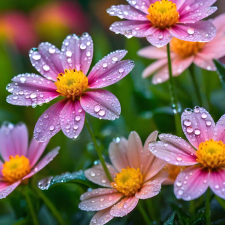 Beautiful pink flowers with dew drops on the petals.の素材