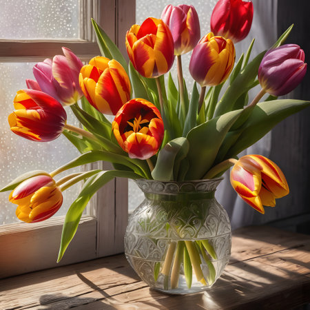 Tulips in a vase on the windowsill, springの素材