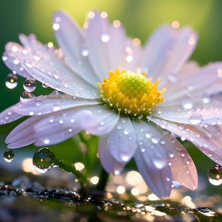 Beautiful daisy flower with dew drops on it. Macro shot.の素材
