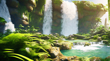 Waterfall in the jungle of Bali island. 3D renderingの素材