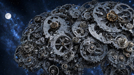 Gears and cogwheels in space. 3D illustration.の素材