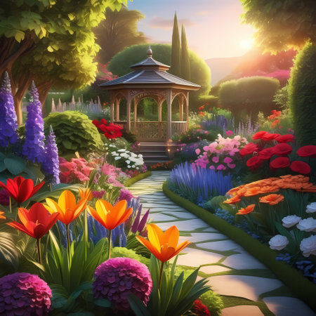 Gazebo in the garden at sunset. Illustration.の素材