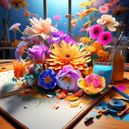 3d illustration of colorful flowers and paint on the table with tabletの素材