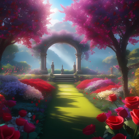 Spring landscape with blooming flowers and arch. 3D illustration.の素材