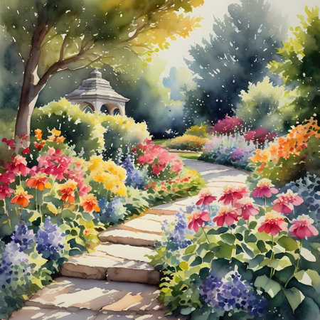 Watercolor painting of a garden path with multicolored flowers.の素材
