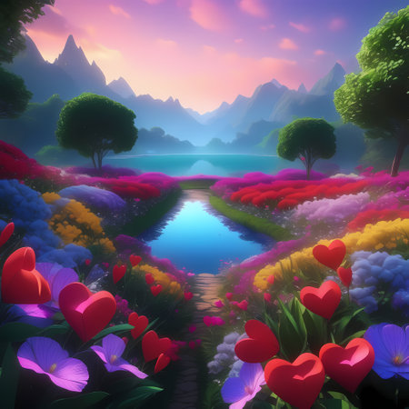 Beautiful spring landscape with lake and flowers. 3D illustration.の素材