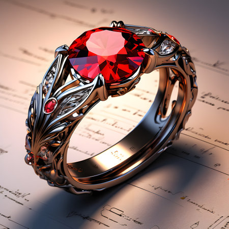 Wedding ring with red gemstone on a music sheet.の素材