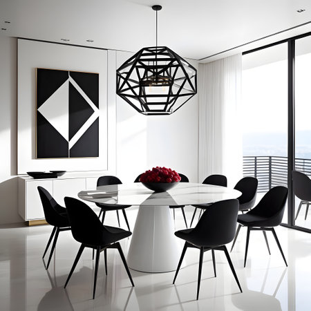Interior of modern dining room with white walls, white floor, long wooden table with black chairs and round table with black chairs. 3d renderingの素材