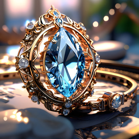 Jewelry ring with blue sapphire on the table.の素材