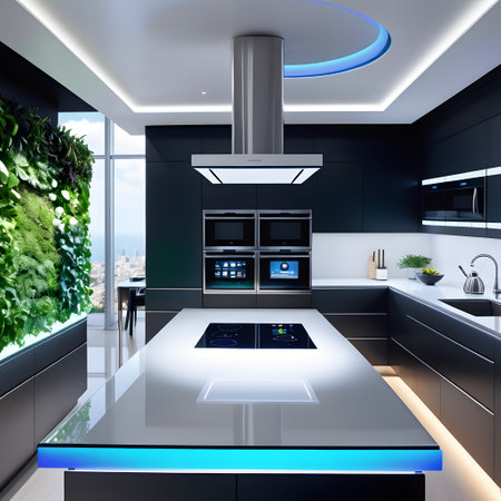 3d Illustration of black modern kitchen in a house with a beautiful designの素材