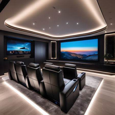 3D rendering of a modern living room with a view of the mountainsの素材