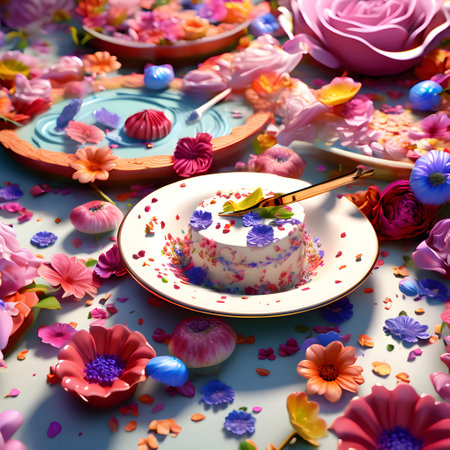 3d illustration of a birthday cake decorated with flowers on the tableの素材