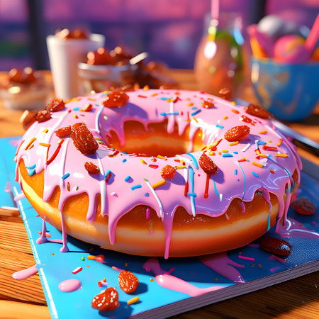 Donut with pink glaze and chocolate sprinkles on wooden tableの素材