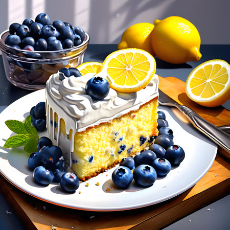 Lemon cake with blueberries and lemons on a wooden tableの素材