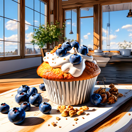 Blueberry muffin with blueberries and walnuts. 3d renderingの素材