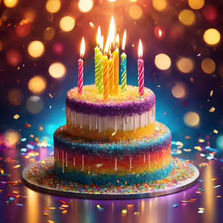Birthday cake with burning candles on bokeh background. 3d illustrationの素材
