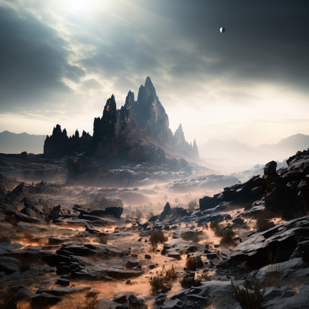 Fantasy alien planet. Mountain and sky. 3D illustration.の素材