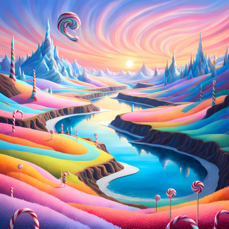 Mountain landscape with river and lollipops in cartoon styleの素材