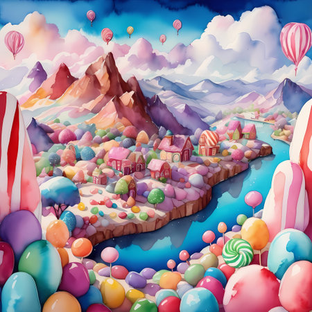 Fantasy landscape with houses, mountains and colorful balloons. 3d illustrationの素材