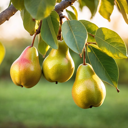 Ripe pears on a tree branch in the orchard.の素材