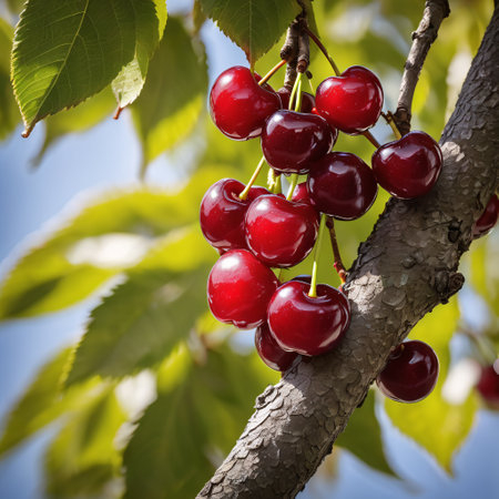 Ripe red cherries on a branch of cherry tree in the gardenの素材
