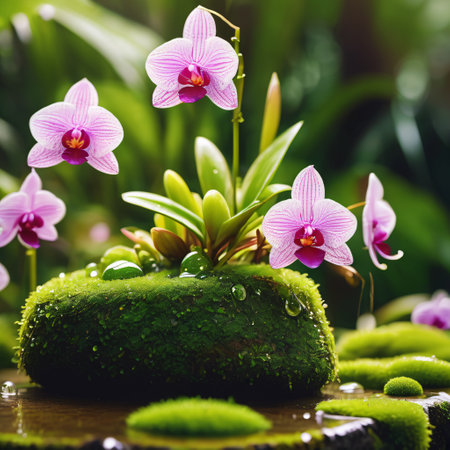 Beautiful pink orchid on green moss with water drops. Spa backgroundの素材