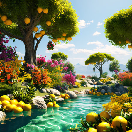 garden with oranges and flowers - 3d render. spring conceptの素材