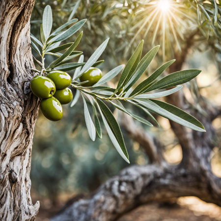Green olives growing on olive tree. Olive grove in Cyprus.の素材